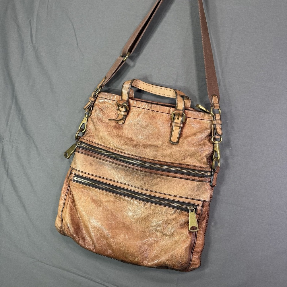 VTG Fossil Brown Leather Faded Patina Crossbody Bag Messenger Brass Hardware